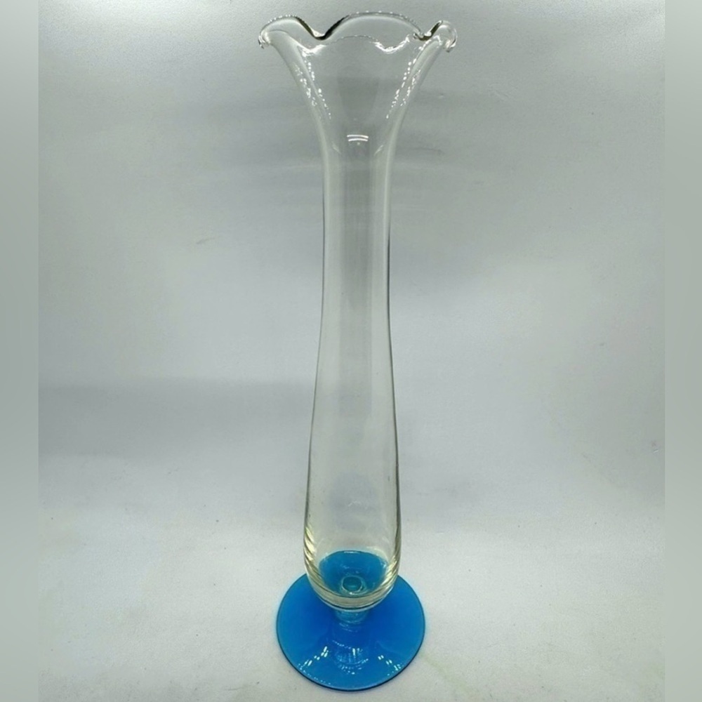 Vintage Tulip Style Fluted Glass Bud Vase w/ Vibrant Blue Base.